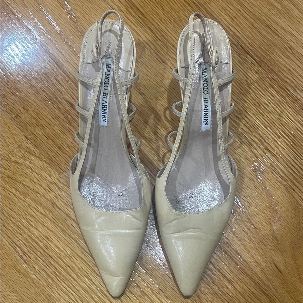 Manolo Blahnik Cream Strappy Kitten Heels